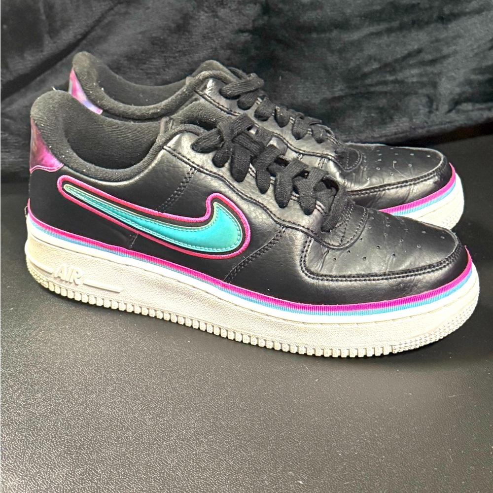 Nike Air Force 1 Low LV8 GS Sport Miami Vice NBA Black Leather Sneakers preloved
